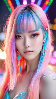 1girl,solo,long hair,breasts,looking at viewer,bangs,dress,cleavage,bare shoulders,brown eyes,jewelry,medium breasts,closed mouth,blue hair,upper body,pink hair,multicolored hair,earrings,blunt bangs,blurry,black eyes,two-tone hair,lips,eyelashes,aqua hair,makeup,depth of field,blurry background,portrait,eyeshadow,realistic,nose,bokeh,rainbow hair,collarbone,watermark,eyeliner,mascara