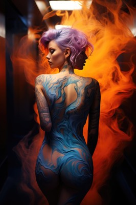 1girl,solo,short hair,jewelry,standing,purple hair,ass,nude,earrings,looking back,indoors,from behind,lips,completely nude,tattoo,makeup,back,fire,lipstick,nose,back tattoo,burning,full-body tattoo,breasts,closed eyes,piercing,ear piercing,stud earrings,black lips