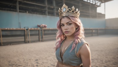 1girl,solo,long hair,breasts,looking at viewer,cleavage,brown eyes,jewelry,medium breasts,upper body,pink hair,multicolored hair,sleeveless,midriff,blurry,lips,crop top,makeup,blurry background,crown,gem,freckles,realistic,nose,underwear,bra,curly hair