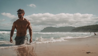 solo,short hair,brown hair,black hair,1boy,navel,nipples,male focus,outdoors,multiple boys,sky,day,cloud,dark skin,2boys,water,muscular,facial hair,ocean,beach,abs,sunglasses,cloudy sky,pectorals,muscular male,scenery,bara,beard,wading,topless male,mature male,realistic,mustache,sand,male swimwear,waves,pants,walking