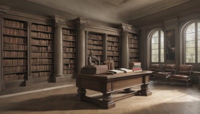 day,indoors,tree,book,no humans,window,shadow,chair,table,sunlight,scenery,couch,desk,light rays,wooden floor,paper,open book,bookshelf,lamp,book stack,library,armchair,witch hat