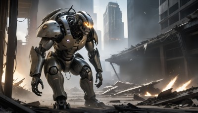 HQ,solo,standing,outdoors,signature,no humans,glowing,fire,robot,building,mecha,glowing eyes,claws,smoke,science fiction,city,realistic,cable,glowing eye,ruins,damaged,skyscraper,open hands,debris,embers,sparks,1boy,armor,military,cityscape,power armor,dust,destruction