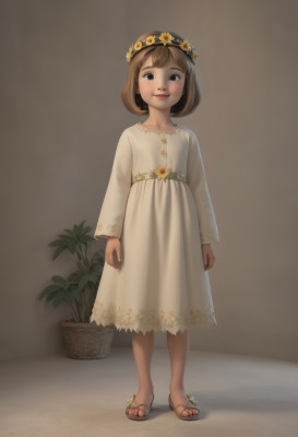 1girl,solo,looking at viewer,smile,short hair,bangs,brown hair,long sleeves,dress,brown eyes,closed mouth,standing,full body,flower,indoors,white dress,black eyes,lips,sandals,plant,child,arms at sides,basket,female child,potted plant,head wreath,flower wreath,hair ornament,hair flower