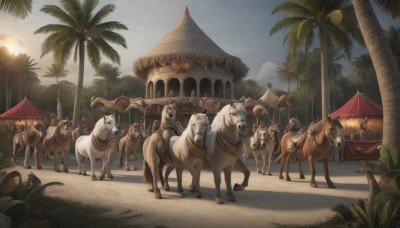 outdoors,sky,day,cloud,tree,no humans,animal,umbrella,sunlight,plant,scenery,palm tree,riding,horse,horseback riding,coconut,multiple boys,bird,6+boys,fantasy,flag,sheep