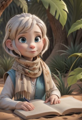 1girl,solo,smile,short hair,blue eyes,blonde hair,shirt,hair ornament,long sleeves,sitting,closed mouth,white shirt,upper body,white hair,outdoors,hairclip,scarf,blurry,vest,tree,book,blurry background,leaf,plant,child,nature,freckles,open book,pencil,looking at viewer,lips,aged down