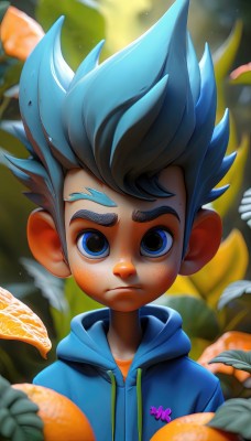 solo,looking at viewer,short hair,blue eyes,1boy,animal ears,closed mouth,blue hair,upper body,flower,male focus,outdoors,food,artist name,hood,blurry,hoodie,fruit,blurry background,frown,leaf,thick eyebrows,hood down,spiked hair,child,freckles,drawstring,male child,blue hoodie,orange (fruit),brown hair,depth of field