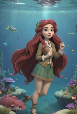 1girl,solo,long hair,looking at viewer,smile,skirt,shirt,hair ornament,long sleeves,jewelry,very long hair,school uniform,green eyes,standing,jacket,full body,white shirt,flower,red hair,pleated skirt,shoes,collared shirt,artist name,signature,hair flower,water,high heels,lips,plaid,animal,watermark,plaid skirt,brown footwear,sunlight,blazer,green skirt,web address,freckles,fish,bubble,brown jacket,light rays,rock,underwater,air bubble,sunbeam,coral,aquarium,seaweed,clownfish,earrings,socks,necklace,vest,ocean,thick eyebrows,mary janes,nose,submerged,deviantart username