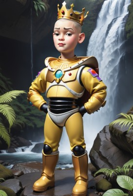 solo,looking at viewer,gloves,1boy,closed mouth,standing,full body,male focus,boots,outdoors,water,armor,black eyes,tree,lips,crown,plant,child,nature,hands on hips,rock,realistic,nose,male child,waterfall,spacesuit,brown eyes,leaf,science fiction