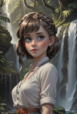 1girl,solo,breasts,looking at viewer,blush,smile,short hair,bangs,blue eyes,brown hair,shirt,cleavage,jewelry,medium breasts,closed mouth,white shirt,upper body,braid,short sleeves,earrings,outdoors,parted lips,day,collared shirt,artist name,signature,water,necklace,from side,tree,lips,looking to the side,sash,eyelashes,dress shirt,makeup,buttons,swept bangs,leaf,sunlight,thick eyebrows,light smile,plant,wing collar,lipstick,nature,french braid,pendant,sleeves rolled up,forest,backlighting,freckles,pink lips,realistic,nose,arms at sides,unbuttoned,red lips,crown braid,partially unbuttoned,dappled sunlight,waterfall,mascara,sleeves pushed up