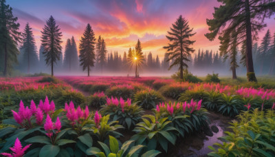 flower, outdoors, sky, cloud, tree, no humans, cloudy sky, grass, plant, nature, scenery, forest, sunset, road, field, path, purple sky