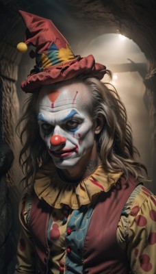 solo,long hair,looking at viewer,shirt,long sleeves,1boy,hat,upper body,male focus,frills,parted lips,black eyes,vest,lips,blood,tattoo,makeup,mask,lipstick,red headwear,realistic,red vest,red lips,facepaint,jester cap,horror (theme),neck ruff,clown,smile,brown hair,brown eyes,indoors,medium hair,pale skin