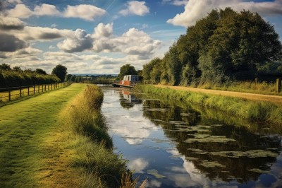 outdoors,sky,day,cloud,water,tree,blue sky,no humans,cloudy sky,grass,building,nature,scenery,forest,reflection,road,house,bridge,power lines,river,landscape,contrail,reflective water,ground vehicle,fence