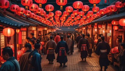 multiple girls,black hair,standing,outdoors,japanese clothes,multiple boys,sky,kimono,from behind,sash,night,obi,sandals,building,night sky,scenery,walking,6+boys,lantern,facing away,road,black kimono,architecture,east asian architecture,paper lantern,crowd,festival,people,pavement,food stand,child