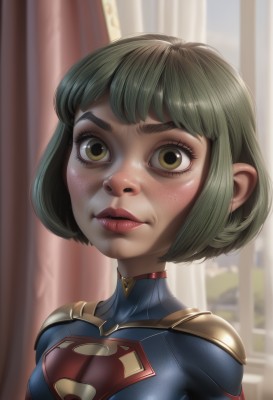 1girl,solo,breasts,looking at viewer,blush,short hair,bangs,brown eyes,green eyes,upper body,green hair,artist name,blurry,lips,eyelashes,window,bodysuit,makeup,blurry background,bob cut,curtains,portrait,freckles,realistic,nose,superhero,closed mouth,blue bodysuit