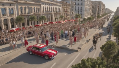 multiple girls,outdoors,multiple boys,day,tree,shadow,6+girls,umbrella,ground vehicle,building,scenery,motor vehicle,6+boys,city,flag,car,road,vehicle focus,horse,street,statue,crowd,people,crosswalk,real world location,sky,walking,cityscape