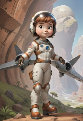 1girl,solo,looking at viewer,short hair,brown hair,gloves,brown eyes,standing,full body,weapon,boots,outdoors,fingerless gloves,thick eyebrows,helmet,science fiction,rock,aircraft,mushroom,american flag,spacecraft,spacesuit,astronaut,1boy,male focus,bodysuit,grass,realistic,male child