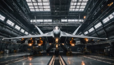 1girl,solo,white hair,indoors,dutch angle,no humans,window,building,scenery,science fiction,aircraft,airplane,vehicle focus,spacecraft,military,robot,machinery,realistic,military vehicle,lights,jet,cockpit,fighter jet