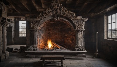 day,indoors,no humans,window,chair,table,sunlight,fire,scenery,stairs,door,candle,wall,ruins,carpet,torch,candlestand,burning,fireplace,sitting,curtains,fantasy,pillar,throne,chandelier