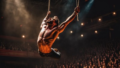 solo,1boy,holding,male focus,pants,arms up,muscular,facial hair,rope,topless male,jumping,realistic,manly,crowd,stage,spotlight,stage lights,concert,audience,open mouth,nipples,glasses,teeth,solo focus,belt,indoors,armpits,arm up,black pants,abs,beard,light,dark,bald,dancing,chest hair,lights,mohawk,glowstick,pole dancing,hanging,stadium,wrestling ring