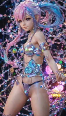 1girl,solo,long hair,breasts,looking at viewer,smile,bangs,navel,bare shoulders,jewelry,medium breasts,closed mouth,underwear,blue hair,standing,purple eyes,panties,swimsuit,ponytail,pink hair,multicolored hair,cowboy shot,small breasts,choker,nail polish,blurry,two-tone hair,lips,revealing clothes,armlet,blue nails,twintails,bikini,chain,watermark,web address,realistic,bikini armor