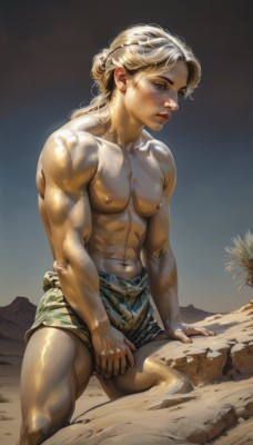 solo,long hair,blonde hair,1boy,navel,closed mouth,nipples,male focus,outdoors,parted lips,shorts,shiny,lips,shiny skin,muscular,abs,pectorals,muscular male,bara,topless male,realistic,sand,camouflage,male swimwear,fine art parody,sitting,underwear,thighs,scar,looking down,large pectorals,veins,male underwear