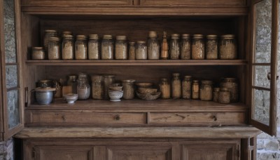 indoors,tree,no humans,window,table,bottle,scenery,snow,bowl,wooden floor,shelf,jar,plant,wall,still life,cabinet,wooden wall