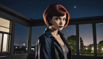 1girl,solo,breasts,looking at viewer,short hair,blue eyes,brown hair,cleavage,medium breasts,collarbone,jacket,upper body,outdoors,open clothes,sky,open jacket,tree,lips,black jacket,window,makeup,night,lipstick,building,star (sky),night sky,starry sky,nose,leather,leather jacket,denim jacket,bangs,shirt,small breasts,indoors,bob cut,denim,blue jacket