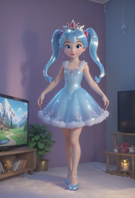 1girl,solo,long hair,breasts,looking at viewer,blush,smile,bangs,blue eyes,hair ornament,dress,bare shoulders,twintails,jewelry,blue hair,standing,collarbone,full body,flower,earrings,small breasts,shoes,sleeveless,indoors,lips,see-through,book,bare arms,window,aqua hair,makeup,sleeveless dress,blue dress,short dress,stuffed toy,table,scrunchie,tiara,crown,plant,curtains,mary janes,blue footwear,mountain,skirt hold,potted plant,television,vase,fireplace,cactus,fur trim,child,snow,snowman