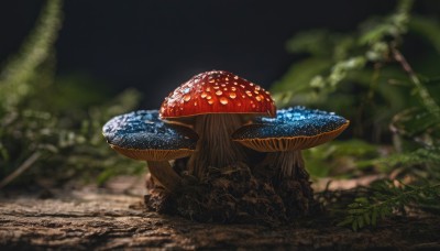 outdoors,day,blurry,tree,no humans,depth of field,blurry background,leaf,grass,plant,nature,scenery,forest,realistic,mushroom,moss,sunlight,rock