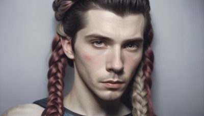 solo,long hair,looking at viewer,brown hair,black hair,1boy,brown eyes,closed mouth,braid,male focus,red hair,multicolored hair,parted lips,grey background,twin braids,two-tone hair,lips,facial hair,portrait,beard,freckles,realistic,nose,multiple braids,1girl,blonde hair,gradient,gradient background,gradient hair,forehead,stubble