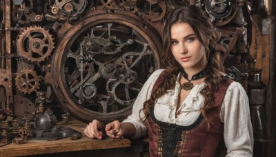 1girl,solo,long hair,looking at viewer,smile,brown hair,shirt,brown eyes,jewelry,sitting,white shirt,upper body,choker,necklace,nail polish,vest,lips,makeup,wavy hair,table,lipstick,corset,pink nails,realistic,gears,steampunk,collar,ring,curly hair