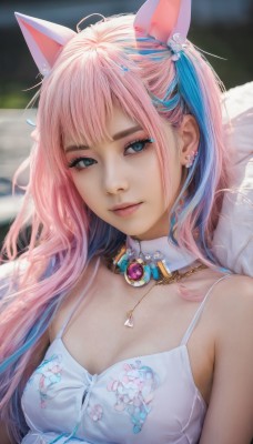 1girl,solo,long hair,breasts,looking at viewer,smile,bangs,blue eyes,hair ornament,gloves,dress,animal ears,cleavage,bare shoulders,jewelry,medium breasts,closed mouth,blue hair,upper body,pink hair,multicolored hair,earrings,sleeveless,cat ears,necklace,white dress,blurry,two-tone hair,lips,streaked hair,eyelashes,makeup,detached collar,blurry background,fake animal ears,gem,camisole,eyeshadow,realistic,spaghetti strap,mascara,artist name,signature,collar,piercing,ear piercing,nose