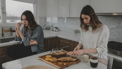 long hair,multiple girls,brown hair,shirt,black hair,long sleeves,holding,2girls,sitting,closed eyes,white shirt,food,pants,indoors,cup,window,eating,table,knife,plate,realistic,spoon,fork,holding knife,coffee,kitchen,sink,cutting board,closed mouth,fruit,facial hair,looking down,blue shirt,bowl,mug,watercraft,cooking,fine art parody