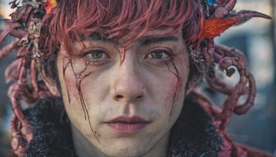 solo,looking at viewer,short hair,bangs,hair ornament,1boy,brown eyes,closed mouth,yellow eyes,male focus,red hair,parted lips,signature,blurry,lips,blood,depth of field,blurry background,portrait,tentacles,realistic,straight-on,1girl,green eyes,flower,hair flower,facial hair,leaf,scar,bug,feathers,close-up,blood on face