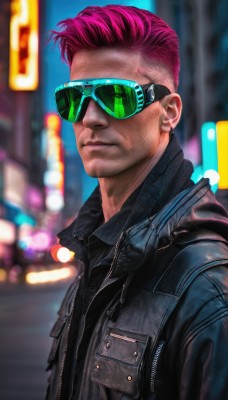 solo,looking at viewer,short hair,shirt,1boy,closed mouth,jacket,upper body,pink hair,male focus,outdoors,open clothes,blurry,vest,lips,black jacket,black shirt,night,depth of field,blurry background,sunglasses,black vest,realistic,nose,leather,leather jacket,mohawk,cyberpunk,denim jacket,aviator sunglasses,jewelry,earrings,artist name,signature,from side,open jacket,scar,denim,scar on face,zipper,unzipped,very short hair,undercut,city lights,neon lights