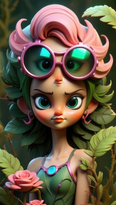 1girl,solo,long hair,breasts,looking at viewer,blush,bare shoulders,jewelry,green eyes,collarbone,upper body,pink hair,flower,multicolored hair,earrings,small breasts,green hair,artist name,signature,lips,eyelashes,makeup,rose,leaf,watermark,plant,lipstick,monster girl,goggles,web address,eyewear on head,pink flower,camisole,goggles on head,vines,pink rose,plant girl,blue eyes,two-tone hair,sunglasses,tank top,freckles