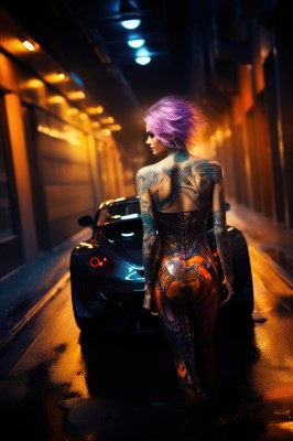 1girl,solo,short hair,bare shoulders,jewelry,standing,pink hair,purple hair,ass,earrings,looking back,pants,from behind,blurry,tattoo,depth of field,back,piercing,sunglasses,ground vehicle,motor vehicle,science fiction,car,light,road,arm tattoo,motorcycle,cyborg,cyberpunk,back tattoo,looking at viewer,lips,bodysuit,corset,nose,undercut,neon lights,full-body tattoo,unitard