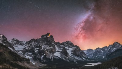 outdoors,sky,cloud,no humans,night,grass,star (sky),night sky,scenery,snow,starry sky,rock,mountain,landscape,mountainous horizon,shooting star,gradient sky