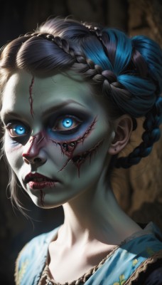 1girl,solo,looking at viewer,blue eyes,black hair,dress,jewelry,blue hair,collarbone,braid,multicolored hair,earrings,parted lips,teeth,blurry,two-tone hair,lips,eyelashes,blood,makeup,blurry background,blue dress,glowing,colored skin,scar,lipstick,portrait,glowing eyes,veins,injury,blood on face,nose,red lips,stitches,mascara,cracked skin,hair ornament,closed mouth,artist name,necklace,watermark,facial mark,piercing,pale skin,freckles,realistic,facepaint