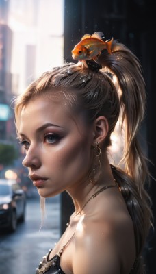 1girl,solo,long hair,breasts,blue eyes,blonde hair,brown hair,hair ornament,cleavage,bare shoulders,jewelry,collarbone,upper body,ponytail,earrings,outdoors,parted lips,artist name,necklace,mole,blurry,black eyes,from side,lips,grey eyes,eyelashes,makeup,depth of field,blurry background,animal,ground vehicle,motor vehicle,forehead,freckles,fish,hoop earrings,realistic,nose,on head,car,animal on head,mascara,goldfish,black hair,mole under mouth