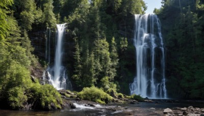 outdoors,sky,day,water,tree,no humans,sunlight,nature,scenery,forest,rock,river,waterfall,moss,blue sky,bush,landscape,stream