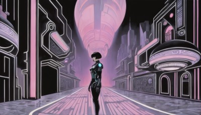 1girl,solo,looking at viewer,short hair,black hair,1boy,standing,from side,bodysuit,building,science fiction,city,black bodysuit,wide shot,neon trim,cyberpunk,breasts,spot color,limited palette