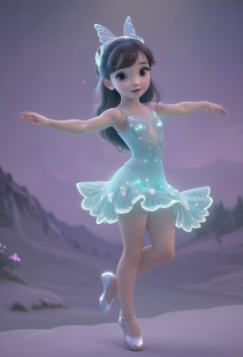 1girl,solo,long hair,breasts,looking at viewer,blush,smile,bangs,blue eyes,brown hair,black hair,hair ornament,dress,bare shoulders,brown eyes,standing,full body,hairband,small breasts,outdoors,shoes,blurry,lips,see-through,night,blurry background,blue dress,short dress,white footwear,standing on one leg,outstretched arms,spread arms,butterfly hair ornament,ballerina,ballet slippers,ballet,tutu,skirt,pantyhose,high heels,leotard,leg up,child,female child,blue leotard,dancing,ice skates