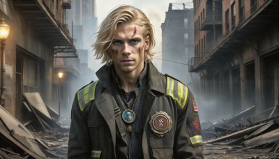 HQ,solo,looking at viewer,short hair,blue eyes,blonde hair,shirt,1boy,jewelry,jacket,upper body,male focus,outdoors,open clothes,necklace,vest,lips,blood,facial hair,scar,ground vehicle,building,motor vehicle,pendant,injury,blood on face,city,realistic,emblem,ruins,lamppost,signature,open jacket,black jacket,serious,leather,badge,dirty,leather jacket