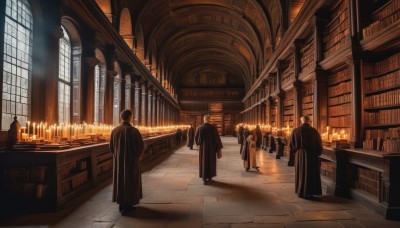 1girl,short hair,brown hair,black hair,standing,multiple boys,indoors,from behind,book,window,shadow,chair,sunlight,fire,scenery,walking,6+boys,robe,stairs,bookshelf,tiles,candle,architecture,tile floor,pillar,library,ceiling,arch,candlestand,black robe,chandelier,multiple others,church,people,vanishing point