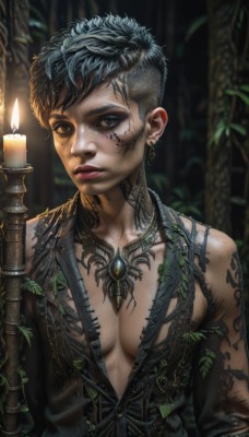 1girl,solo,breasts,looking at viewer,short hair,black hair,cleavage,brown eyes,jewelry,medium breasts,collarbone,upper body,earrings,parted lips,necklace,blurry,black eyes,lips,grey eyes,no bra,tattoo,makeup,blurry background,scar,piercing,fire,plant,staff,nature,forest,freckles,realistic,nose,fantasy,candle,very short hair,pentagram,mascara,candlestand,candlelight