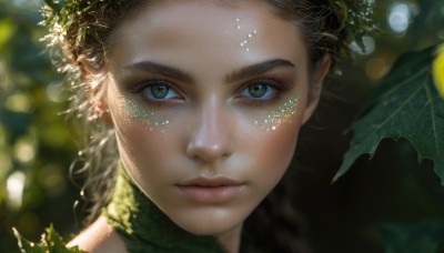 1girl,solo,looking at viewer,blue eyes,brown hair,hair ornament,closed mouth,green eyes,braid,blurry,lips,eyelashes,depth of field,blurry background,leaf,plant,portrait,close-up,freckles,realistic,nose,bokeh,long hair,sunlight,light particles,dappled sunlight