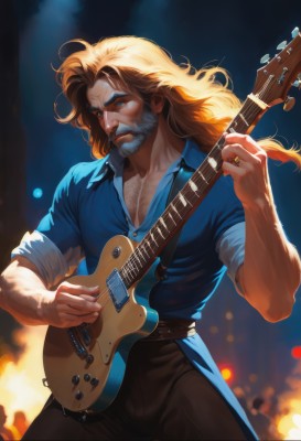 solo,long hair,looking at viewer,blue eyes,blonde hair,shirt,1boy,holding,jewelry,standing,collarbone,short sleeves,male focus,cowboy shot,collared shirt,belt,pants,blurry,muscular,blurry background,facial hair,scar,black pants,ring,fire,blue shirt,pectorals,muscular male,instrument,beard,scar on face,sleeves rolled up,mature male,mustache,scar across eye,music,guitar,manly,brown pants,partially unbuttoned,playing instrument,holding instrument,chest hair,pectoral cleavage,electric guitar,arm hair,brown hair,closed mouth,buttons,floating hair,thick eyebrows,buckle,belt buckle,realistic,brown belt,embers,plectrum