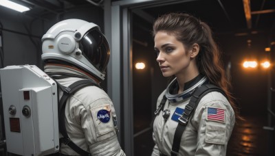 1girl,long hair,blue eyes,brown hair,brown eyes,upper body,ponytail,indoors,uniform,lips,military,helmet,science fiction,realistic,pilot suit,american flag,spacesuit,pilot,astronaut,1boy,armor,animification,jumpsuit,spacecraft,united states