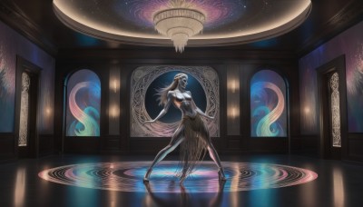 1girl,solo,long hair,breasts,black hair,dress,standing,full body,indoors,black dress,mask,reflection,dancing,magic circle,ripples,stained glass,reflective floor,blonde hair,bare shoulders,medium breasts,closed eyes,white hair,barefoot,water,colored skin,walking,blue skin,grey skin